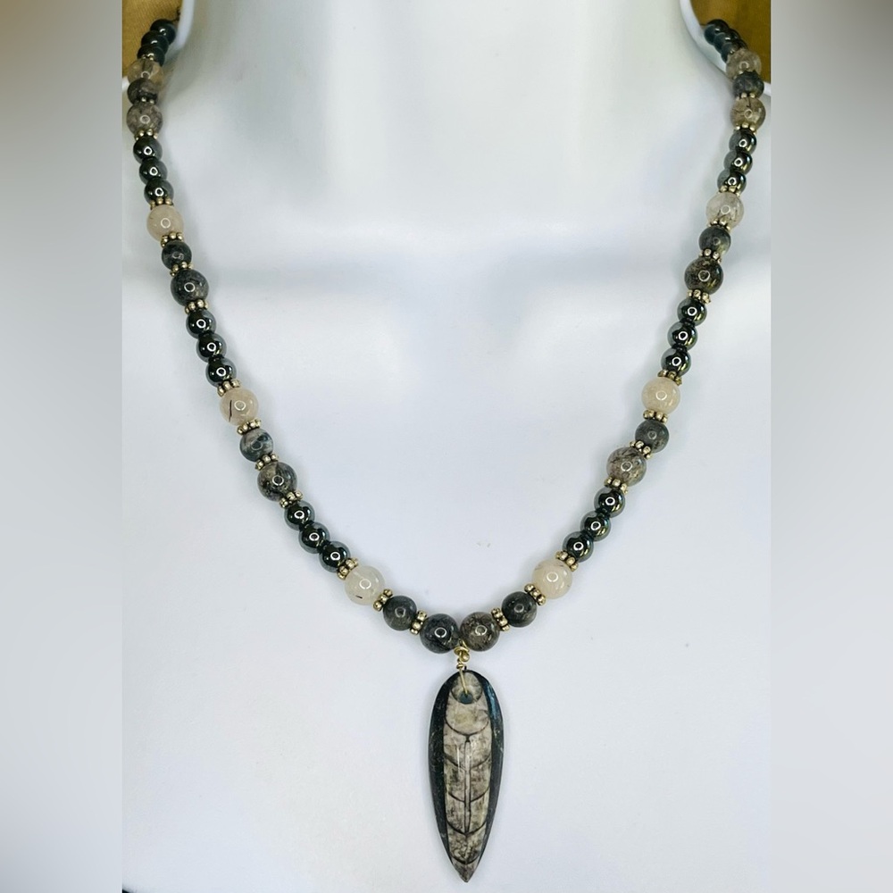 Trilobite Pendant with Rutilated Quartz and Hematite Gemstone Beads Handmade